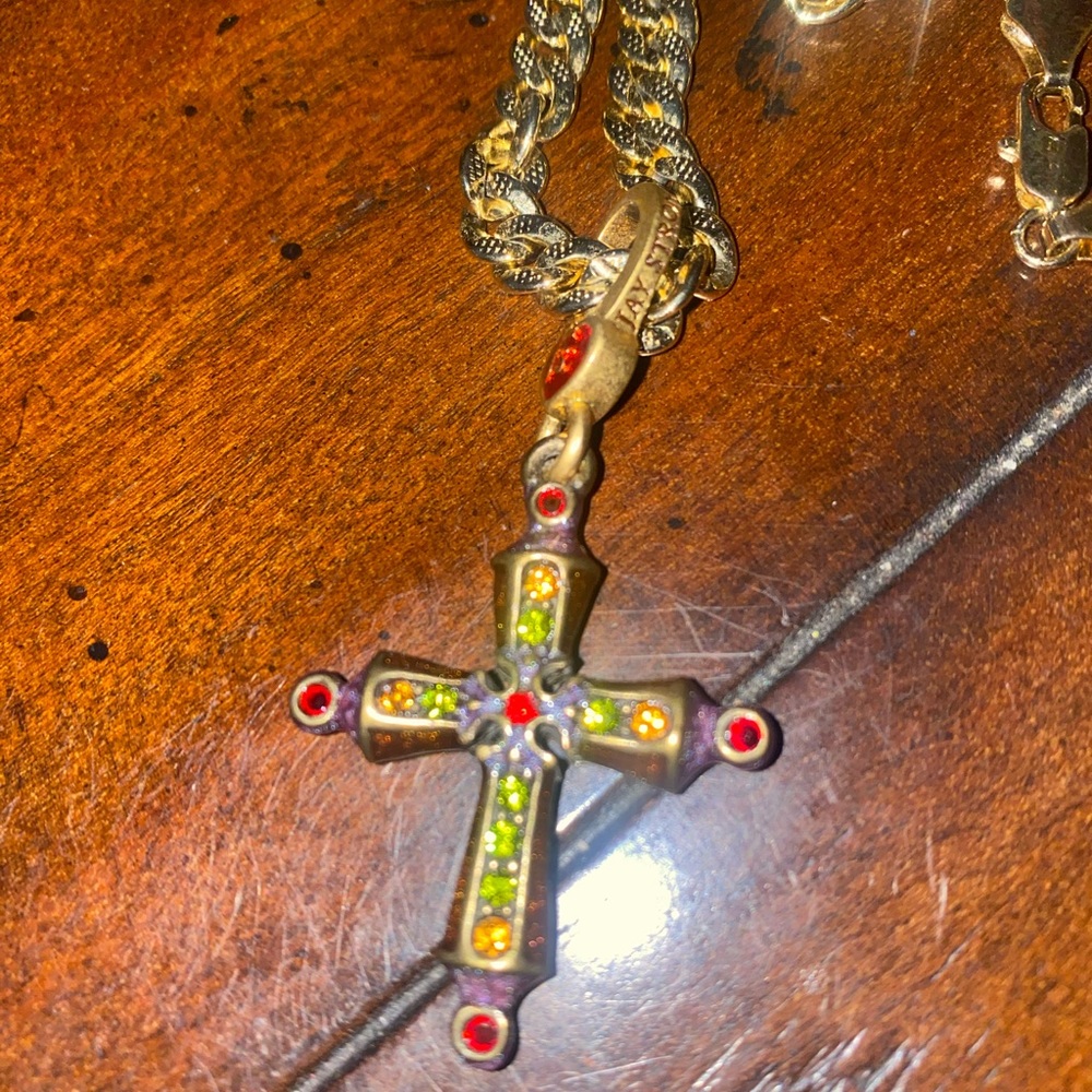 STUNNING JEWLED CROSS PENDANT 14 kt GOLD FIGARO 24” MINT !!